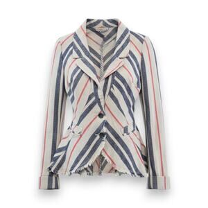 Free People Ivory Navy Striped Linen Blend Frayed Peplum Blazer Jacket Size 2